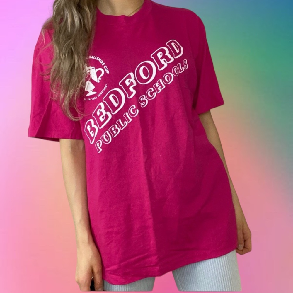 Vintage 90s Single Stitch Baggy Magenta School Tee Bedford Jerseys 1990s…